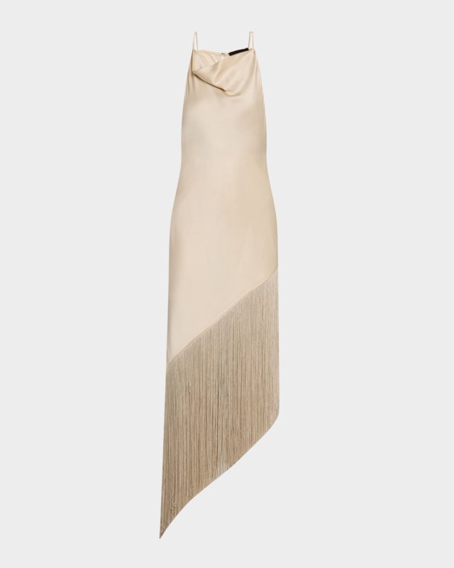 Satin Cowl-Neck Fringe Midi Dress